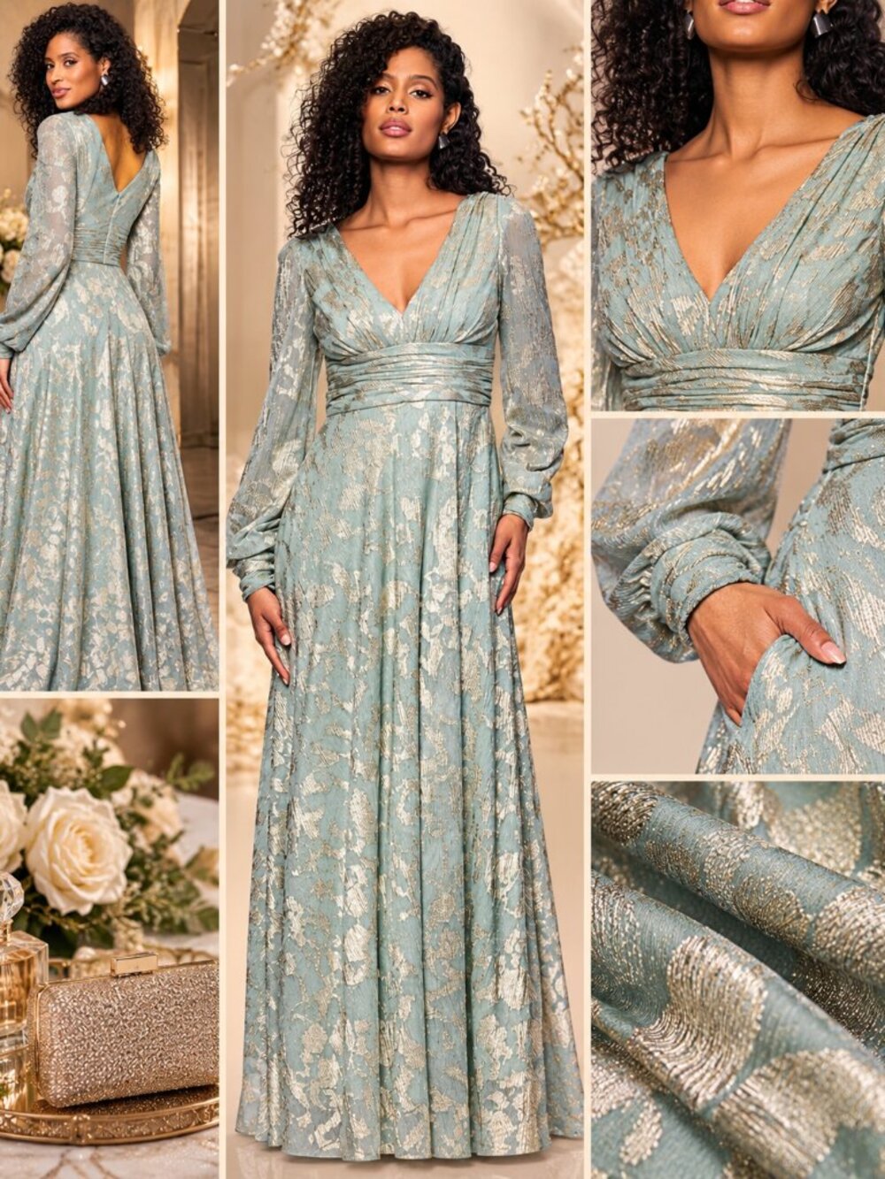 Betsy & Adam Petite 12P Sage Gold Metallic V Neck A Line Gown
